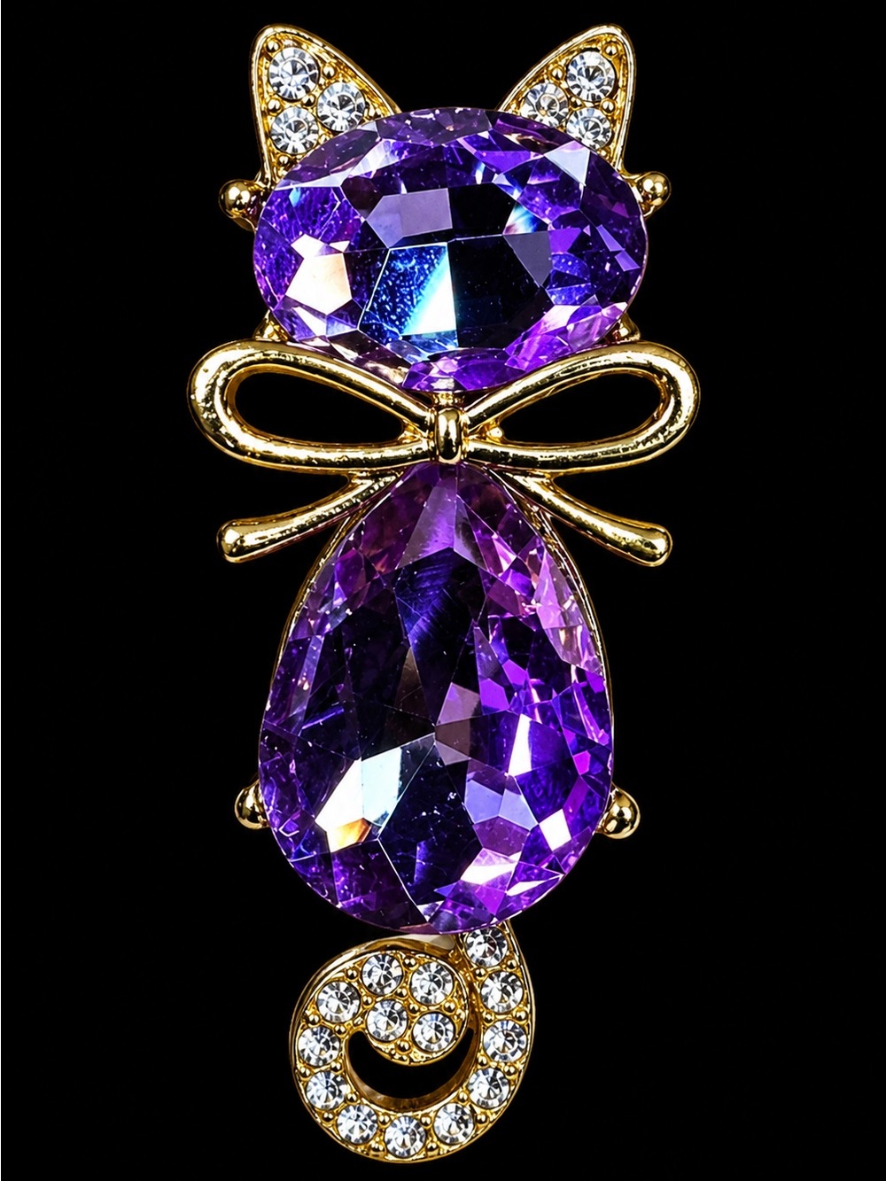 Purple Crystal Cat Brooch - Elegant Women's Jewelry